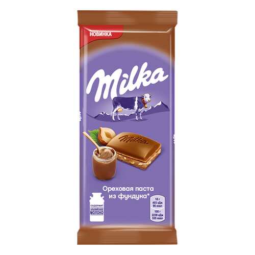 Шоколад Milka молочный с добавлением ореховой пасты из фундука и с дробленым фундуком 90 г в ЭССЕН